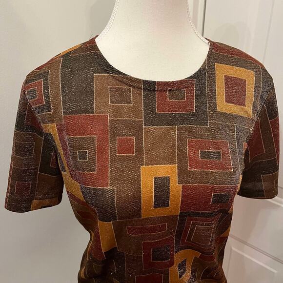 Vintage 80's Brown Geometric Square Metallic Short Sleeve Shirt Vue Point Size M - Picture 3 of 3